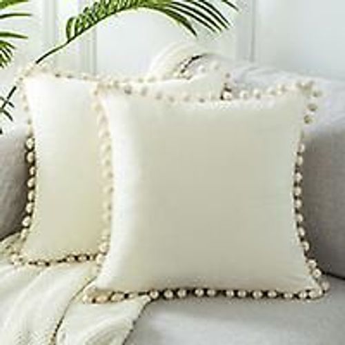 2pcs Moutarde Jaune Coussin Housses 35x35cm Velours doux avec boulettes Décor Canapé moderne Salon Chambre