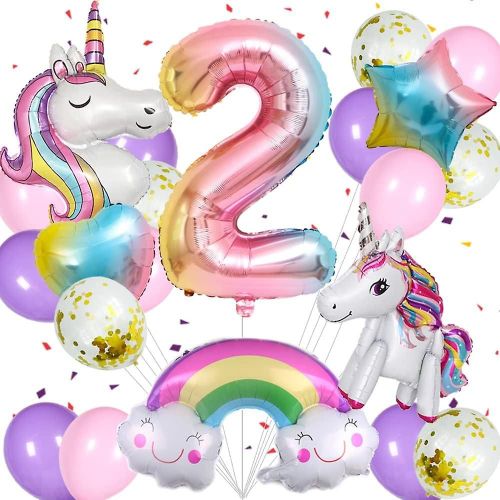 Décorations d¿anniversaire de licorne pour les filles, ballons de licorne 21pcs avec licorne, arc-en-ciel, c?ur, étoile, ballons en latex et ballon numéro 2 pour 2nd Uni