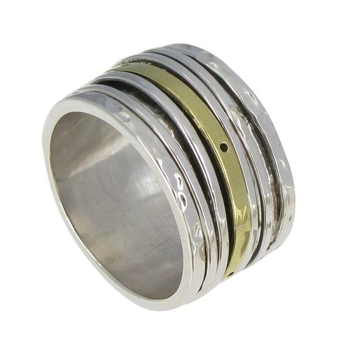 Les Poulettes Bijoux - Bague Argent Et Laiton Tube Martelé Et Ses Anneaux Mobiles