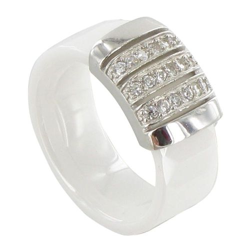 Les Poulettes Bijoux - Bague Céramique Blanche Barrette Argent Et Strass