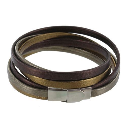 Les Poulettes Bijoux - Bracelet Cuir Trois Lanières Or Argent Bronze Fermoir Acier Inoxydable