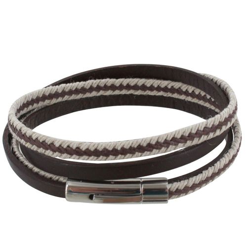 Les Poulettes Bijoux - Bracelet Homme Double Tour Cuir Marron Foncé Tresse En Lin Marron Et Beige