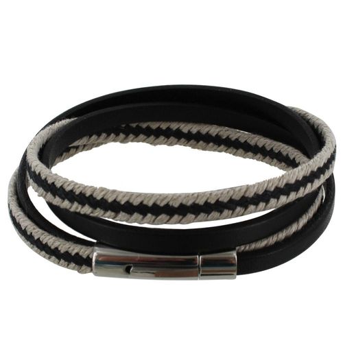Les Poulettes Bijoux - Bracelet Homme Double Tour Cuir Noir Tresse En Lin Noir Et Beige