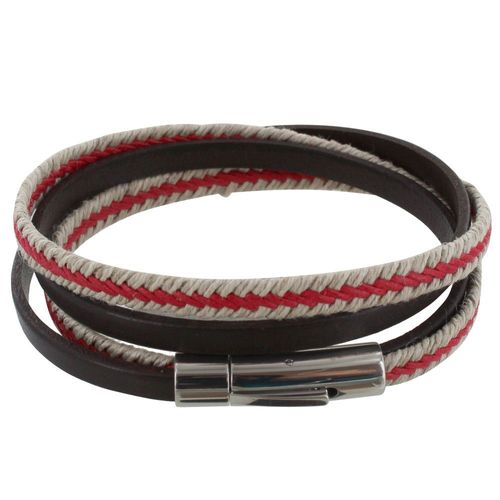 Les Poulettes Bijoux - Bracelet Homme Double Tour Cuir Marron Foncé Tresse En Lin Rouge Et Beige