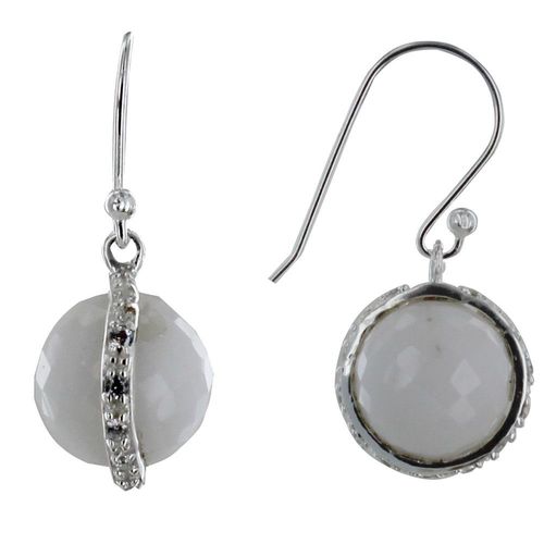 Les Poulettes Bijoux - Boucles D'oreilles Crochet Argent Sphère D'agate Blanche Et Strass