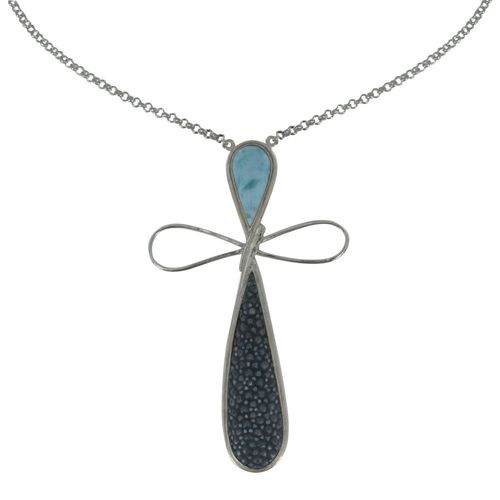 Les Poulettes Bijoux - Collier Chaine Argent Croix De Larimar Et Cuir