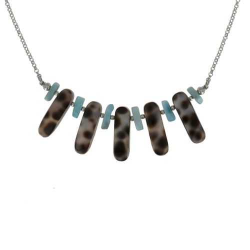 Les Poulettes Bijoux - Collier Chaine Argent Lamelle Nacre Tigrée Et Pépites De Larimar