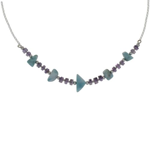 Les Poulettes Bijoux - Collier Chaine Argent Cylindre D'améthyste Et Pépites De Larimar