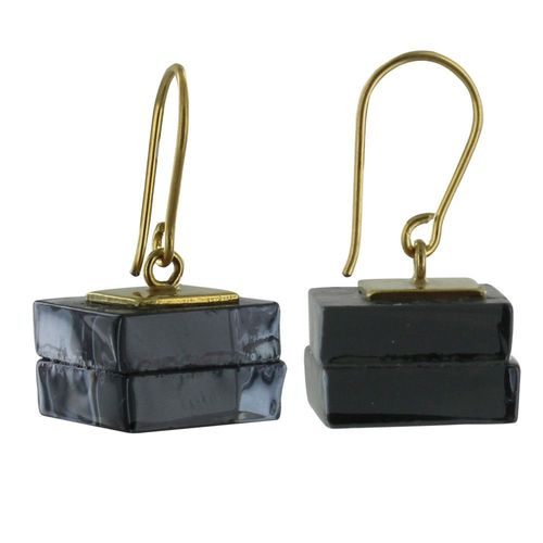 Les Poulettes Bijoux - Boucles D'oreilles Cube En Laiton Et Feuilleté En Verre Noir