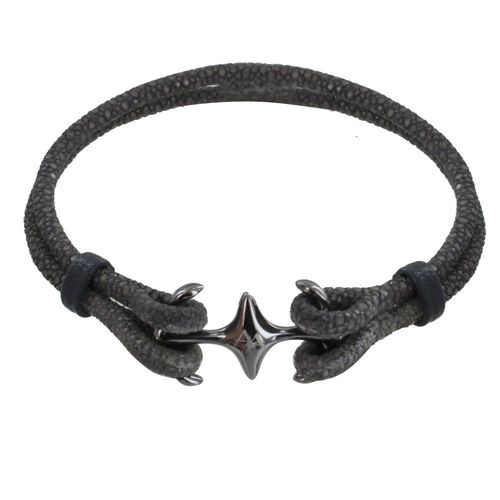 Les Poulettes Bijoux - Bracelet Mixte En Argent Rhodié Noir Double Ancre Et Cuir - 20cm