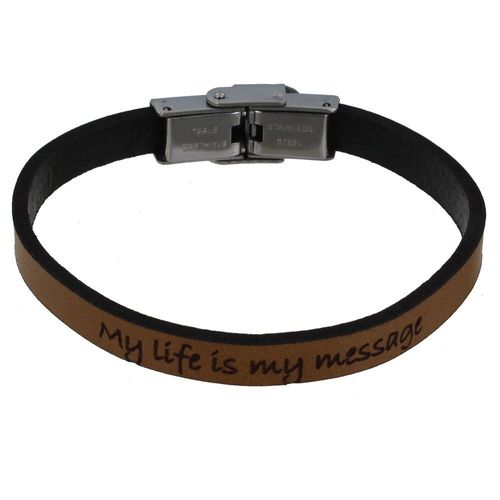 Les Poulettes Bijoux - Bracelet Enfant Cuir Marron Clair "My Life Is My Message"
