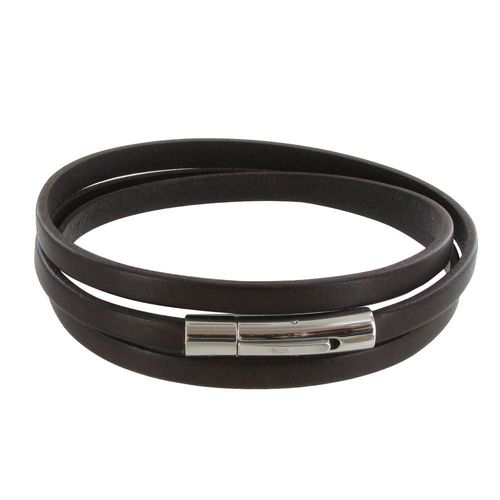 Les Poulettes Bijoux - Bracelet Homme Cuir Marron Foncé Plat Fermoir Acier Inoxydable