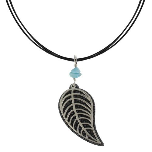 Les Poulettes Bijoux - Collier Cordon En Cuir Feuilles De Cuir Et Argent Pépites De Larimar
