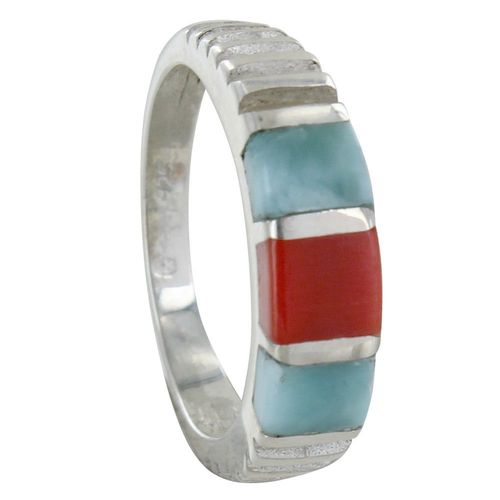 Les Poulettes Bijoux - Bague Argent Deux Carrés De Larimar Et Un Carré En Corail Rouge