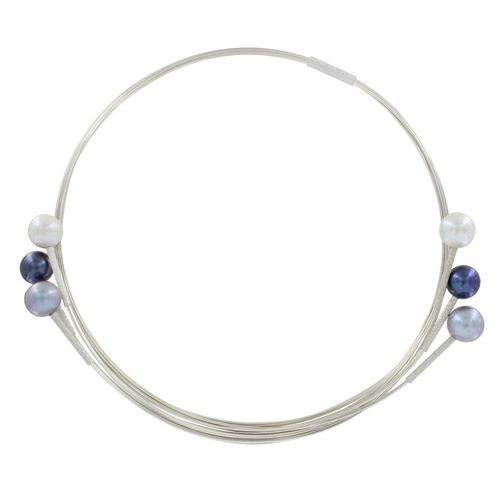 Les Poulettes Bijoux - Collier Ras De Cou Fils D'argent Et 6 Perles Blanches Et Grises