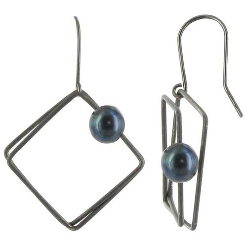 Les Poulettes Bijoux - Boucles D'oreilles Argent Oxydé Carré Et Sa Perle - Classics
