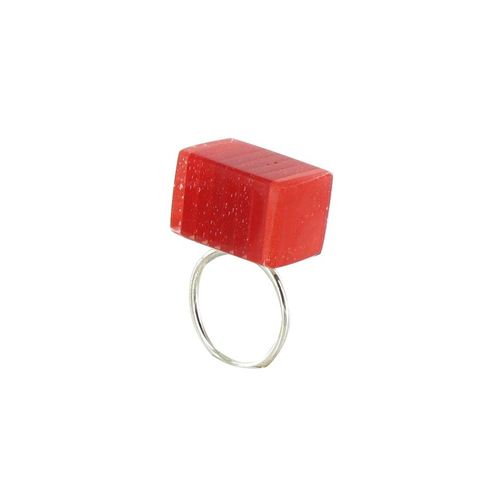 Les Poulettes Bijoux - Bague Rectangle En Argent Et Verre Feuilleté Rouge