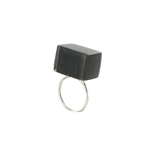 Les Poulettes Bijoux - Bague Rectangle En Argent Et Verre Feuilleté Noir