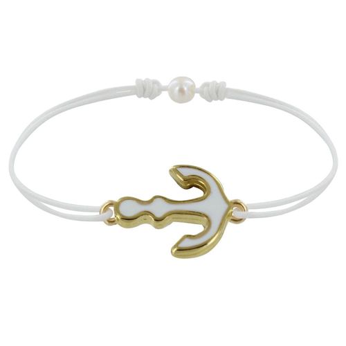 Les Poulettes Bijoux - Bracelet Lien Médaille En Laiton Ancre Émaillée Blanche