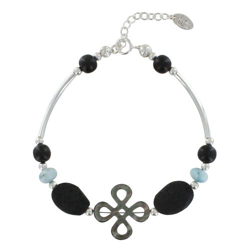 Les Poulettes Bijoux - Bracelet Tube Argent Trèfle De Nacre Perles De Larimar Et Lave
