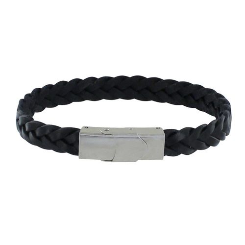 Les Poulettes Bijoux - Bracelet Homme Cuir Noir Tréssé Plat Fermoir Acier Inoxydable
