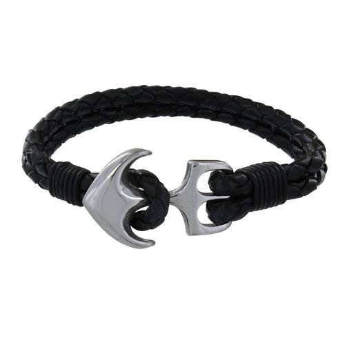 Les Poulettes Bijoux - Bracelet Homme Argent Ancre Et Cuir Noir Deux Liens Tréssés Ronds