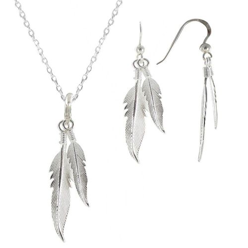 Les Poulettes Bijoux - Parure Plumes Argent Collier Et Boucles D'oreilles
