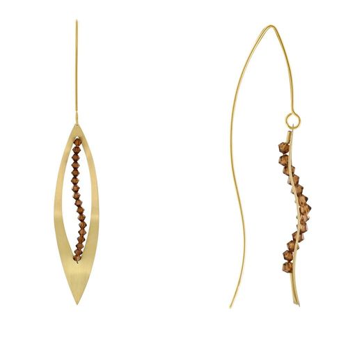 Les Poulettes Bijoux - Boucles D'oreilles Plaqué Or Feuille Ajourée Et Cristal Marron