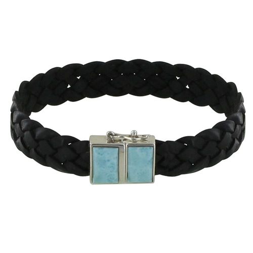 Les Poulettes Bijoux - Bracelet Homme Tresse Cuir Noir Et Deux Rectangles De Larimar