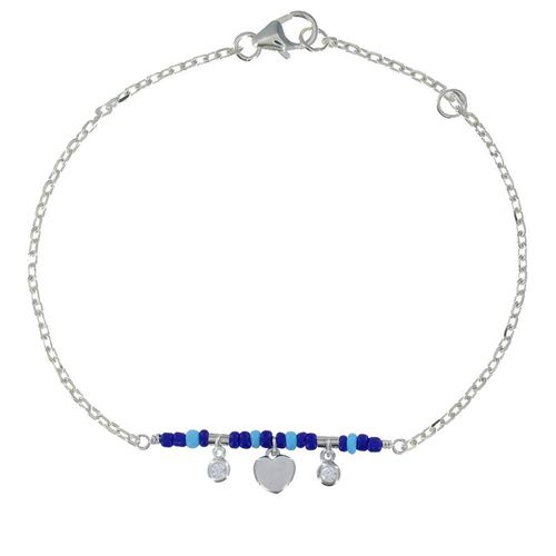 Les Poulettes Bijoux - Bracelet Argent Rhodié Petit Coeur Deux Strass Et Perles Bleus
