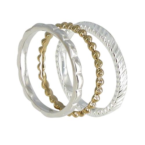 Les Poulettes Bijoux - Set 3 Bagues Anneau De Vagues Argent, Billes Plaqué Or Et Zébré Argent