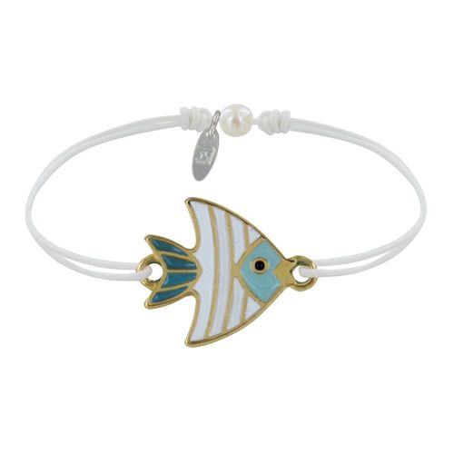 Les Poulettes Bijoux - Bracelet Lien Médaille En Laiton Poisson Émaillée Blanche Et Turquoise