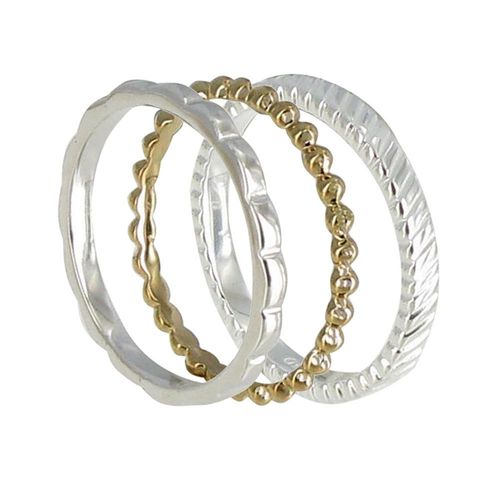 Les Poulettes Bijoux - Set 3 Bagues Anneau De Vagues Argent, Billes Plaqué Or Et Zébré Argent