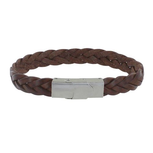 Les Poulettes Bijoux - Bracelet Homme Cuir Marron Foncé Tréssé Plat Fermoir Acier Inoxydable