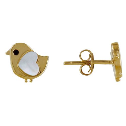 Les Poulettes Bijoux - Boucles D'oreilles Plaqué Or Petit Oiseau Et Coeur De Nacre