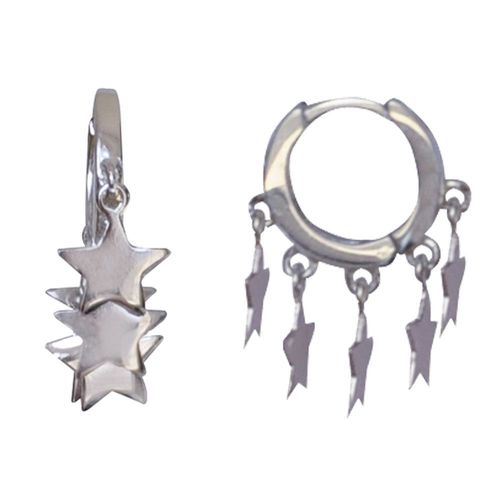 Les Poulettes Bijoux - Boucles D'oreilles Argent Rhodié Petites Créoles Et Etoiles