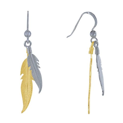 Les Poulettes Bijoux - Boucles D'oreilles Argent Et Argent Doré Deux Plumes