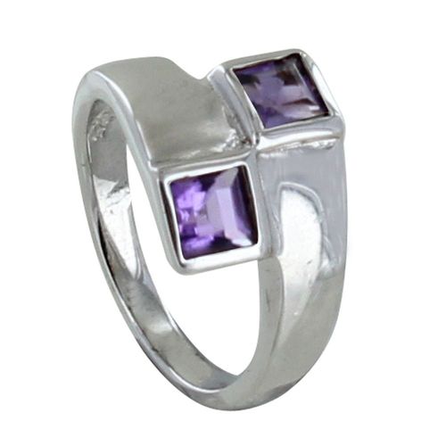 Les Poulettes Bijoux - Bague Argent Rhodié Toi Et Moi Carré Améthyste