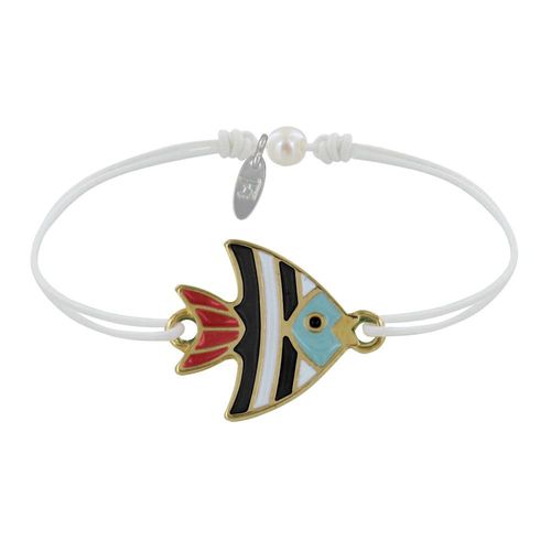 Les Poulettes Bijoux - Bracelet Lien Médaille En Laiton Poisson Émaillée Blanche Et Noire