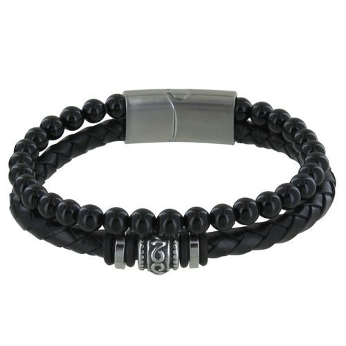 Les Poulettes Bijoux - Bracelet Acier Homme Cuir Noir Et Perles D'onyx Noir