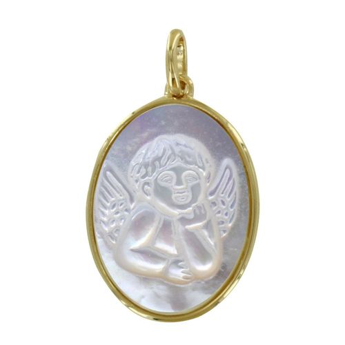 Les Poulettes Bijoux - Pendentif Plaqué Or Et Nacre Médaille Ovale Ange Raphaël