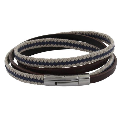 Les Poulettes Bijoux - Bracelet Homme Double Tour Cuir Marron Foncé Tresse En Lin Bleu Et Beige