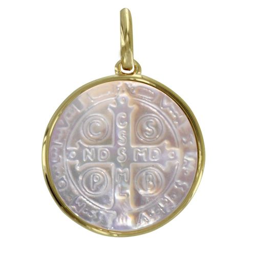Les Poulettes Bijoux - Pendentif Plaqué Or Et Nacre Médaille Ronde Croix De Saint Benoit