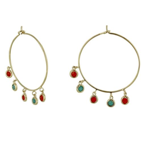 Les Poulettes Bijoux - Boucles D'oreilles Plaqué Or Créoles Breloques Couleur Corail Et Turquoise
