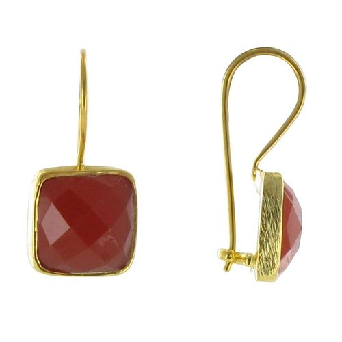 Les Poulettes Bijoux - Boucles D'oreilles Argent Doré Crochet Carré Facetté D'onyx Rouge Orangé