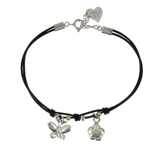 Les Poulettes Bijoux - Bracelet Fleur Et Papillon Argent Fil Cuir Noir