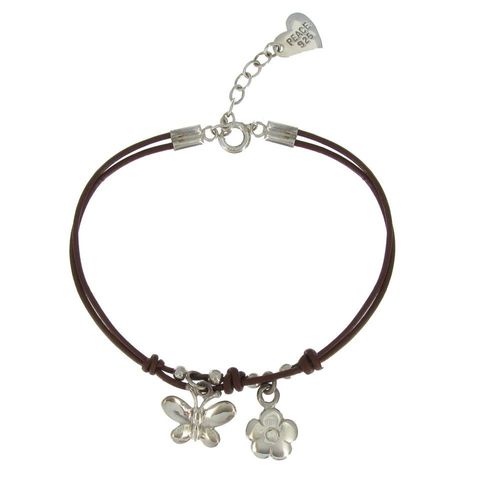 Les Poulettes Bijoux - Bracelet Fleur Et Papillon Argent Fil Cuir Marron Foncé