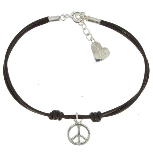 Les Poulettes Bijoux - Bracelet Peace And Love Argent Lien Cuir Marron Foncé
