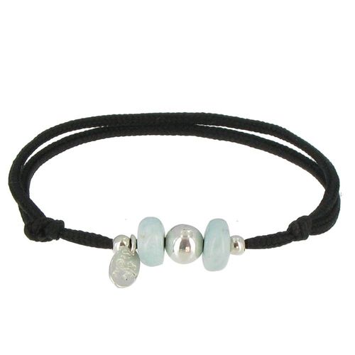 Les Poulettes Bijoux - Bracelet Lien Noir 2 Anneaux De Larimar Et Perle D'argent