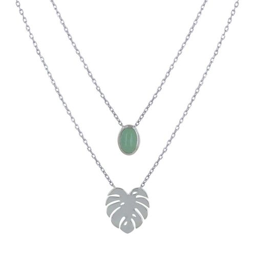 Les Poulettes Bijoux - Collier Double Chaine Argent Rhodié Feuille Et Ovale D'aventurine